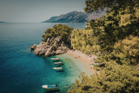 a scenic beach with boats and mountains in the background