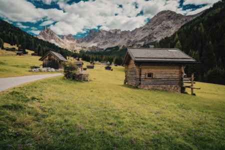 a small wooden cabin sits in a green valley surrounded by mountains