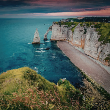 A picturesque cliffside beach with a sandy shore, surrounded by lush greenery and towering white cliffs, under a vibrant sky with hues of pink, purple, and blue.の写真素材