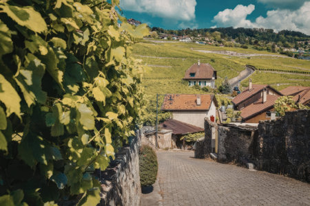 A serene view of a cobbled street in a rural village, surrounded by lush greenery and vineyards...