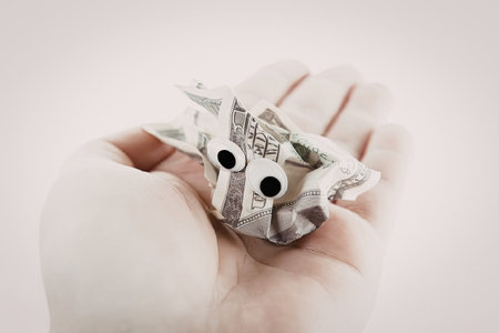 A hand cradles a folded dollar bill shaped like a cat with googly eyes.