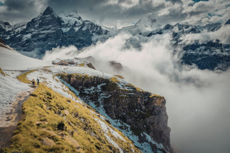 A breathtaking landscape of a snow-capped mountain peak rising above the clouds, with a grassy slope...