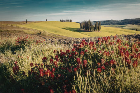 A serene landscape featuring a lush green field with a cluster of red poppies in the foreground, a rustic stone structure in the background, and rolling hills under a clear blue sky.の写真素材