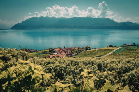 A serene landscape featuring a vineyard in the foreground, a small town in the middle ground, and a...