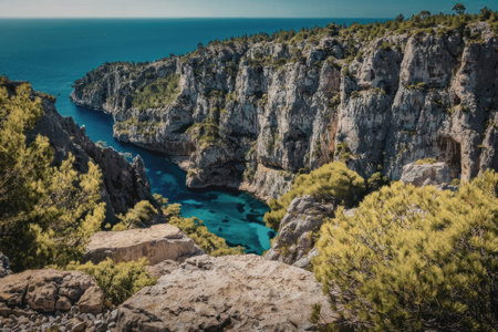 A stunning cliffside cove with turquoise water surrounded by lush greenery and rugged rock formations.の写真素材