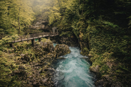 A tranquil forest scene featuring a wooden bridge over a vibrant blue-green stream surrounded by...
