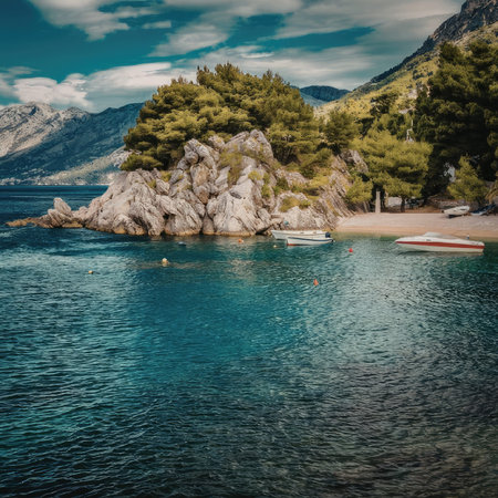 A tranquil beach scene featuring a small boat on calm waters, surrounded by lush greenery and...