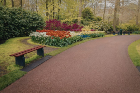 A winding pathway through a lush garden with vibrant flowers and a wooden bench.