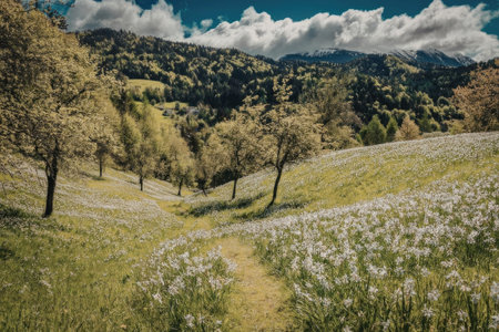 a serene landscape featuring a lush green field with white wildflowers, trees, and a mountain range...