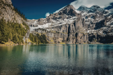 A tranquil lake reflects the majestic snow-capped mountains and lush greenery on a clear day.の写真素材