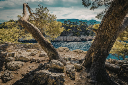 A scenic view of a body of water surrounded by trees and mountains under a cloudy sky.