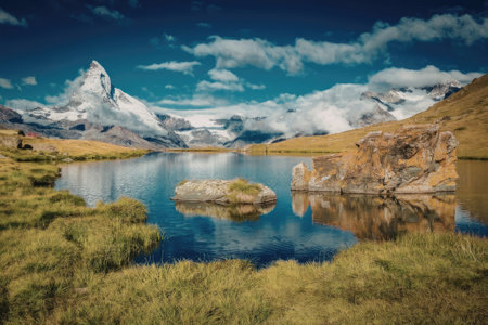 A tranquil lake reflects the majestic Matterhorn mountain and surrounding landscape, with lush greenery and a clear blue sky.の写真素材