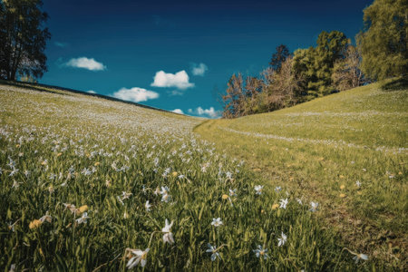 a green field with white flowers and trees on the right side under a blue sky