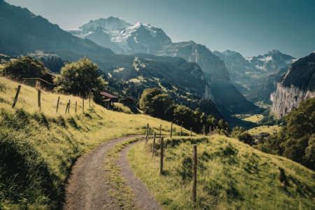 A winding dirt road leads through a lush green meadow with a stunning mountain range in the...
