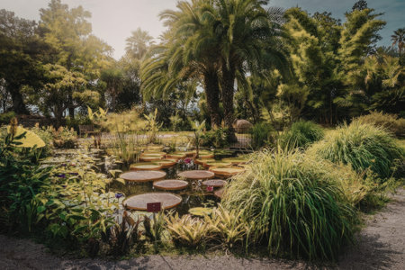A tranquil garden pond surrounded by lush greenery and vibrant tropical plants, featuring large lily pads and a serene atmosphere.の写真素材