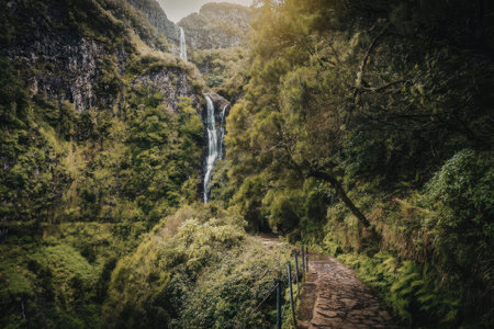 A breathtaking view of a waterfall cascading down a rocky cliff surrounded by dense greenery and a...