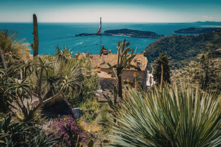 A tranquil tropical scene featuring lush greenery, a body of water, and a distant island.