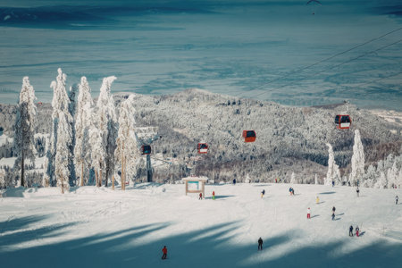 A scenic view of a snowy mountain with skiers and snow-covered trees