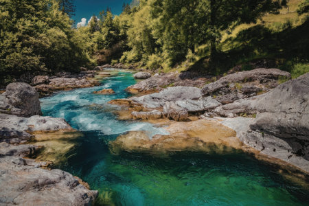 A river with clear, turquoise water flows through a rocky landscape surrounded by lush greenery and trees.の写真素材
