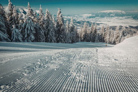 A snow-covered ski slope with groomed tracks and snow-covered trees in the background under a clear...