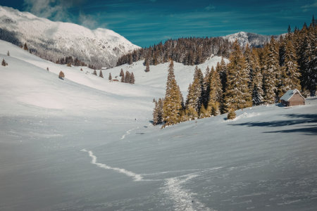 A serene snowy mountain landscape with a cabin, trees, and a snow covered mountain in the background...