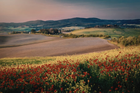 A serene landscape featuring a vibrant field of red poppies in the foreground, with rolling green hills and distant mountains under a colorful sunset sky.の写真素材