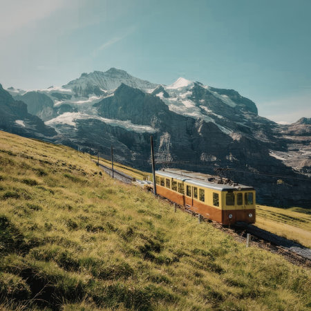 A train travels along a track through a grassy hillside with snow-capped mountains in the...