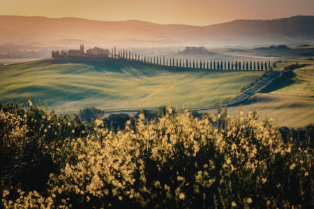 A serene landscape of rolling green hills with a fence in the distance, set against a vibrant orange sunset sky.の写真素材