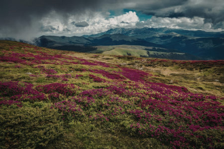 A scenic view of a mountain range with a field of vibrant purple flowers in the foreground, set...