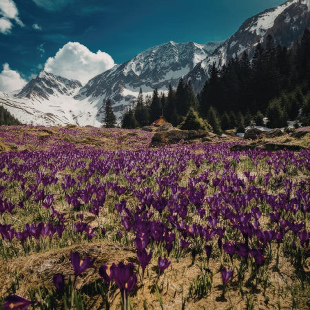 A serene landscape featuring a field of vibrant purple flowers set against the backdrop of snow-capped mountains and a clear blue sky.の写真素材