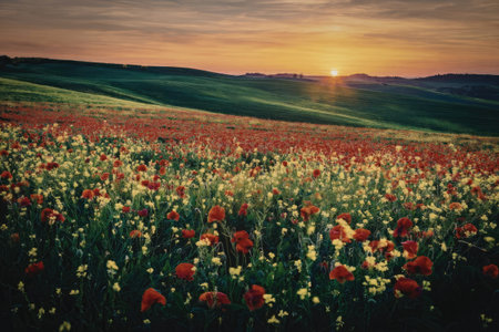 A serene landscape of a poppy field at sunset, with vibrant red and green hues.
