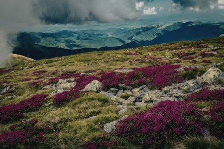 A serene mountainous landscape with vibrant purple flowers covering the rolling hills and greenery, set against a backdrop of distant mountains and a cloudy sky.の写真素材