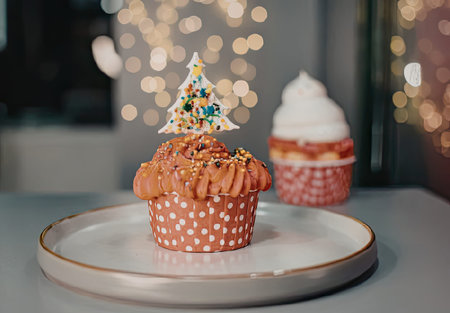 A cupcake with orange frosting and a Christmas tree decoration on top, placed on a white plate with...