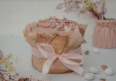A beautifully decorated muffin wrapped in brown paper and tied with a pink ribbon, topped with pink...