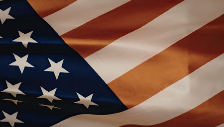 The image depicts a close-up of the American flag, showcasing its vibrant colors and detailed...