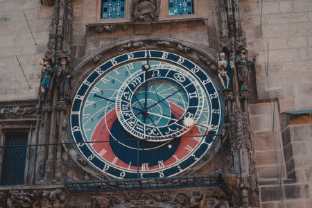 Close-up of an ornate astronomical clock face with intricate details and colorful designs.の写真素材