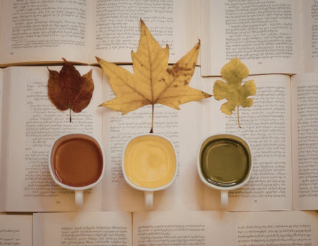 A creative arrangement of autumn leaves and three cups of colorful drinks on a background of open...