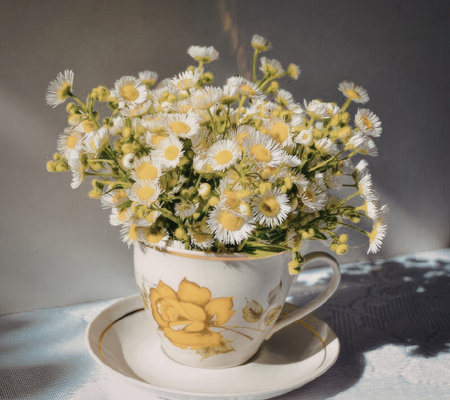 A bouquet of white and yellow daisies in a teacup with a floral design, sitting on a saucer.