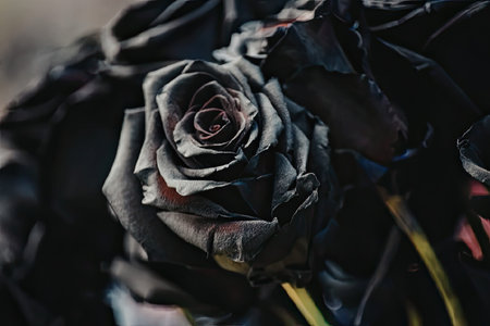 A close-up view of a black rose, showcasing its intricate details and dark petals.