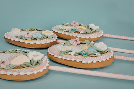 A set of decorated Easter cookies on sticks with floral designs