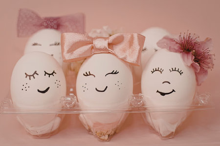 Three decorated Easter eggs with smiling faces and adornments on a pink background