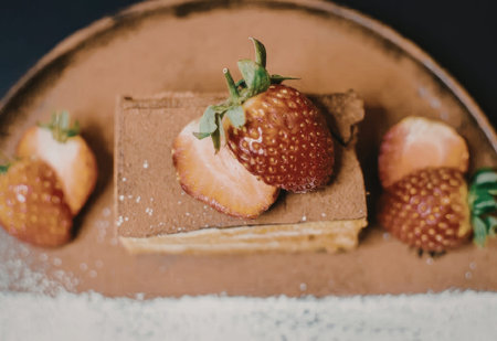 A square slice of chocolate cake topped with a fresh strawberry, surrounded by more strawberries on...