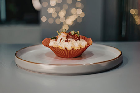 A red dessert bowl filled with creamy dessert and topped with strawberries on a white plate