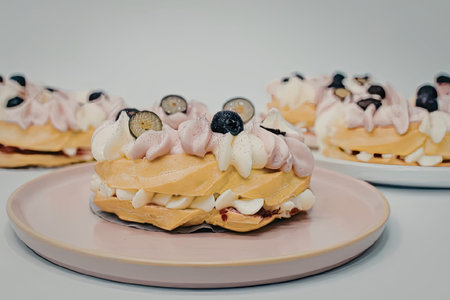 A layered dessert with pink cream, blueberries, and a golden crust on a pink plate.