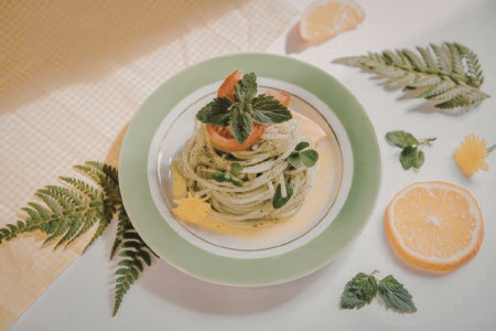 A plate of green pasta garnished with fresh herbs and citrus slices on a white table