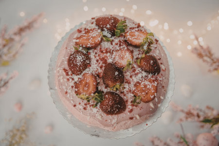 A beautifully decorated cake with strawberries and coconut flakes on top, perfect for a special...