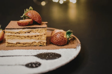 A plate of tiramisu dessert garnished with strawberries and cocoa powder