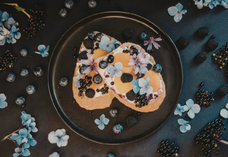A plate of toast topped with eggs, blueberries, and edible flowers on a dark background