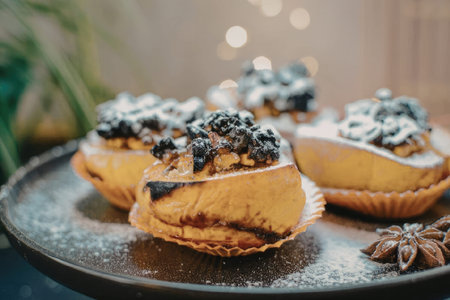 A plate of pumpkin tarts topped with blueberries and powdered sugar, served with star anise.