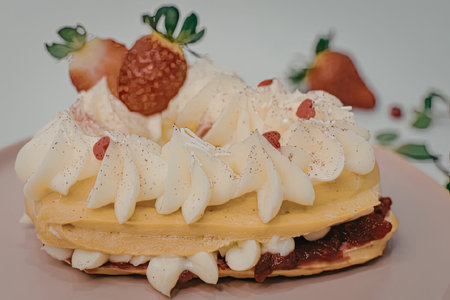 A stack of pancakes topped with strawberries and cream on a pink plate